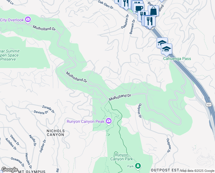 map of restaurants, bars, coffee shops, grocery stores, and more near 7301 Mulholland Drive in Los Angeles