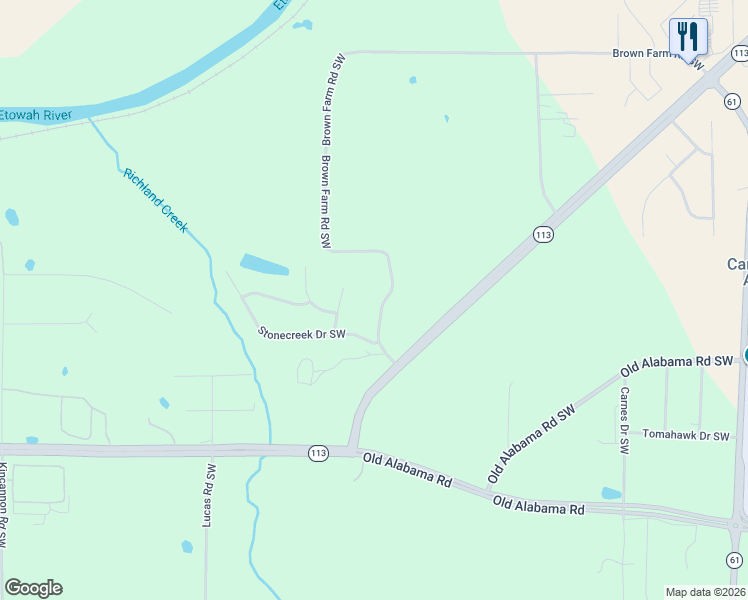 map of restaurants, bars, coffee shops, grocery stores, and more near 524 Brown Farm Road in Cartersville