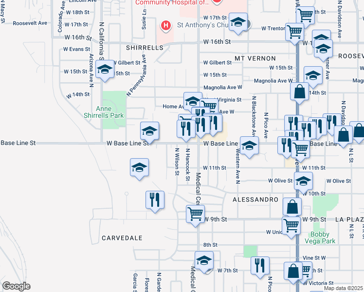map of restaurants, bars, coffee shops, grocery stores, and more near 1677 West Base Line Street in San Bernardino