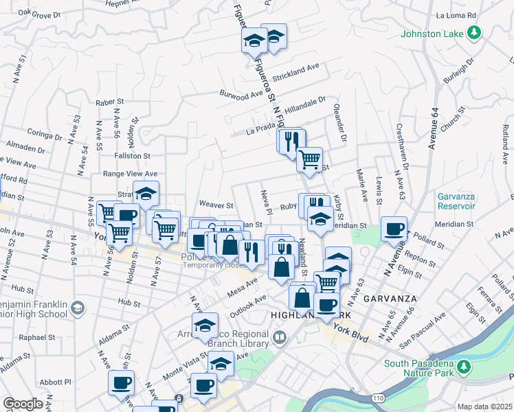 map of restaurants, bars, coffee shops, grocery stores, and more near 6021 Meridian Street in Los Angeles