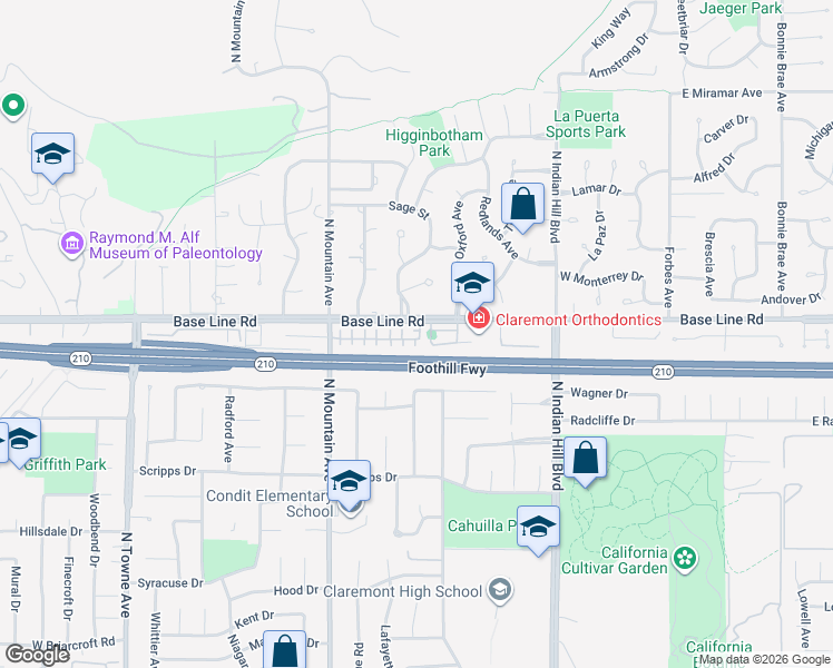 map of restaurants, bars, coffee shops, grocery stores, and more near 2051 Liberty Way in Claremont