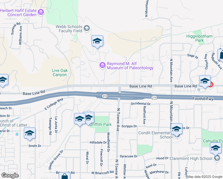 map of restaurants, bars, coffee shops, grocery stores, and more near 2053 North Towne Avenue in Claremont