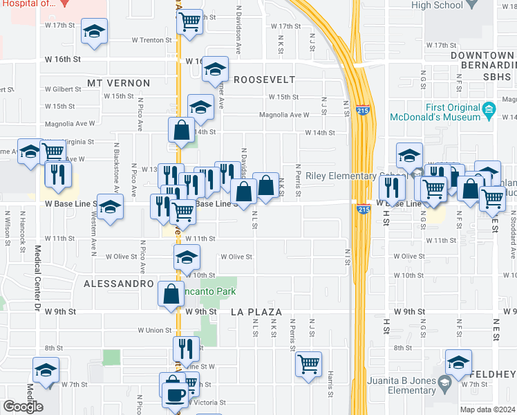 map of restaurants, bars, coffee shops, grocery stores, and more near 1121 West Base Line Street in San Bernardino