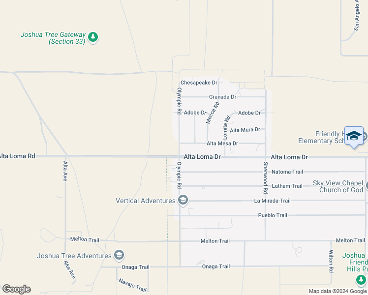 map of restaurants, bars, coffee shops, grocery stores, and more near 60145 Alta Mesa Drive in Joshua Tree