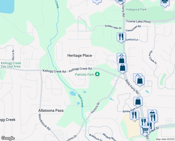 map of restaurants, bars, coffee shops, grocery stores, and more near 507 Regency Drive in Acworth