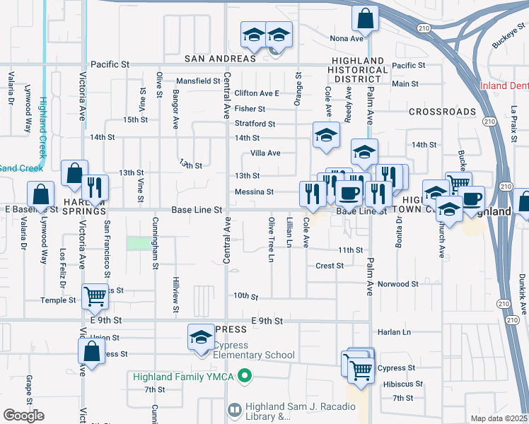 map of restaurants, bars, coffee shops, grocery stores, and more near 27005 Base Line Street in Highland