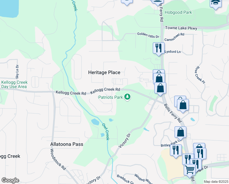 map of restaurants, bars, coffee shops, grocery stores, and more near 505 Regency Drive in Acworth