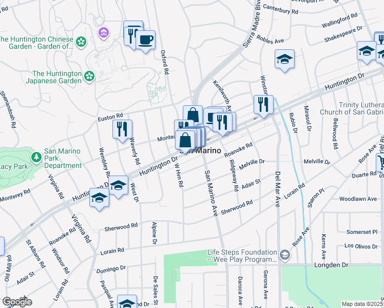map of restaurants, bars, coffee shops, grocery stores, and more near 2148 Huntington Drive in San Marino
