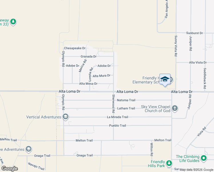 map of restaurants, bars, coffee shops, grocery stores, and more near 60300 Alta Mesa Drive in Joshua Tree