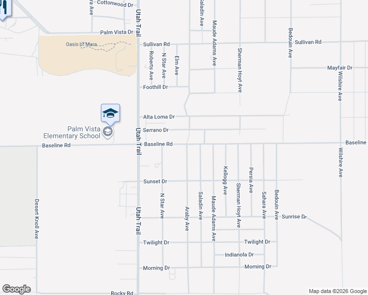 map of restaurants, bars, coffee shops, grocery stores, and more near 74697 Baseline Road in Twentynine Palms