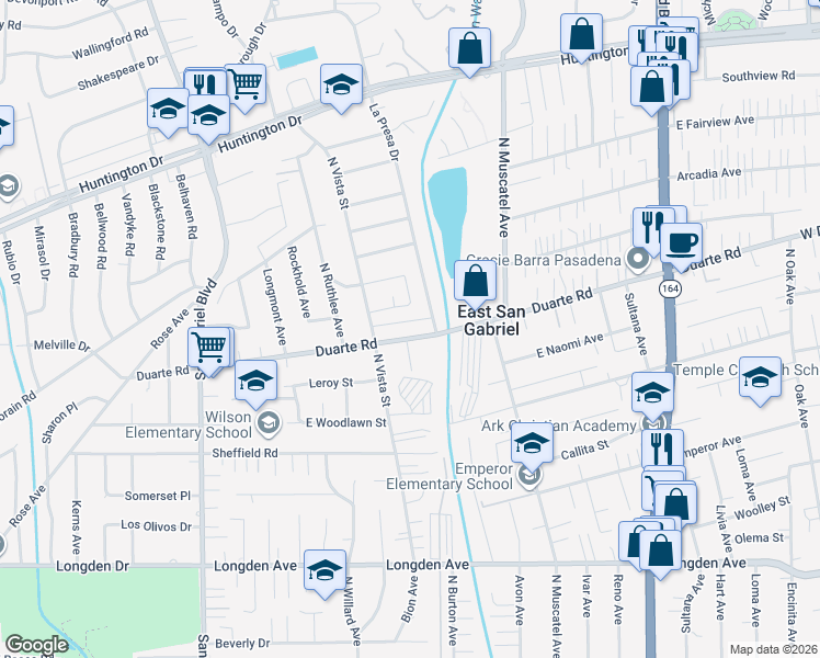 map of restaurants, bars, coffee shops, grocery stores, and more near 8538 Duarte Road in San Gabriel