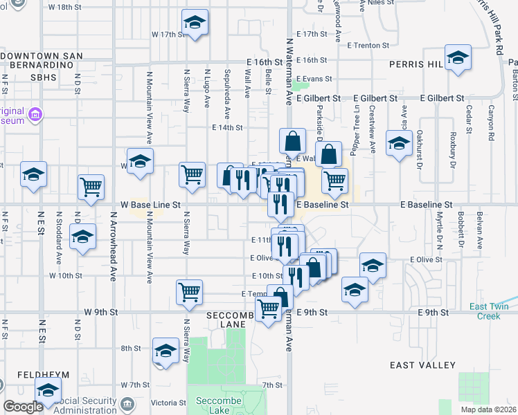 map of restaurants, bars, coffee shops, grocery stores, and more near 243 East Baseline Street in San Bernardino