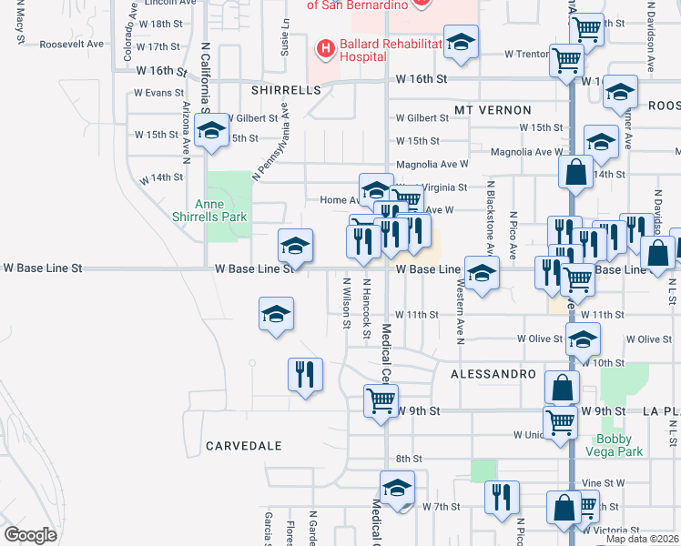 map of restaurants, bars, coffee shops, grocery stores, and more near 1705 West Base Line Street in San Bernardino