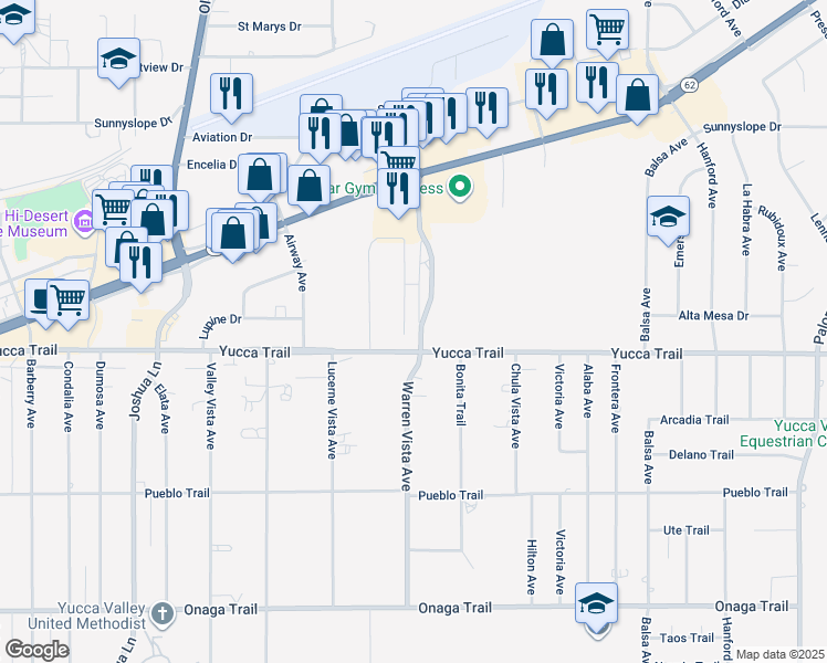 map of restaurants, bars, coffee shops, grocery stores, and more near 7267 Murray Lane in Yucca Valley