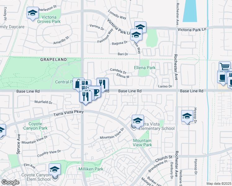 map of restaurants, bars, coffee shops, grocery stores, and more near 7352 Stonehaven Place in Rancho Cucamonga