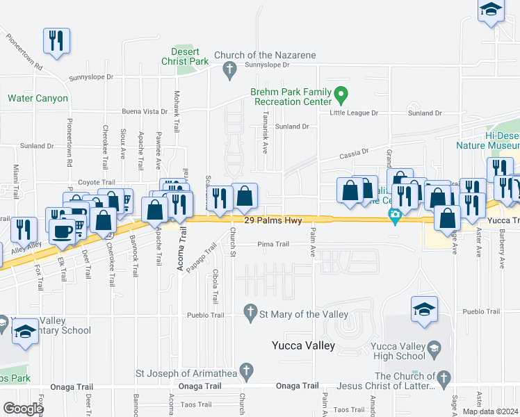 map of restaurants, bars, coffee shops, grocery stores, and more near 56334 29 Palms Highway in Yucca Valley