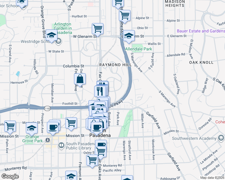 map of restaurants, bars, coffee shops, grocery stores, and more near 1696 Amberwood Drive in South Pasadena