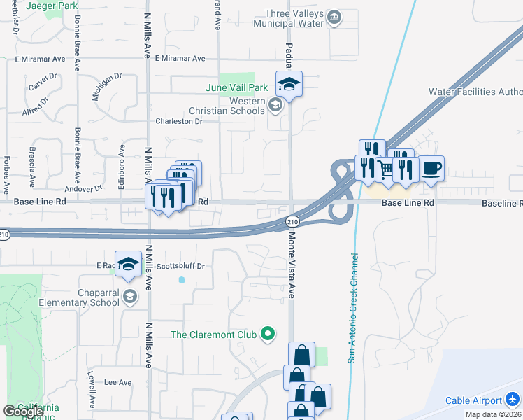map of restaurants, bars, coffee shops, grocery stores, and more near 828 Citrus Court in Claremont