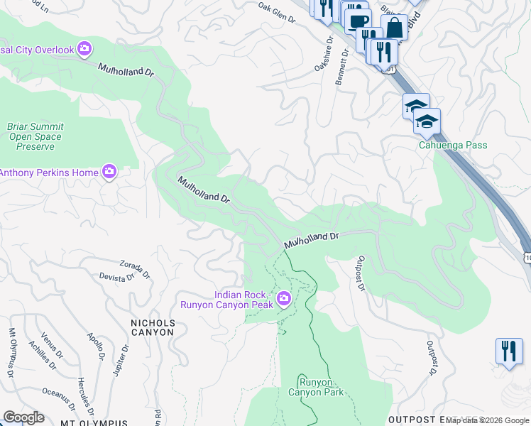 map of restaurants, bars, coffee shops, grocery stores, and more near 7346 Mulholland Drive in Los Angeles