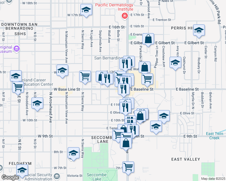 map of restaurants, bars, coffee shops, grocery stores, and more near 243 East Baseline Street in San Bernardino