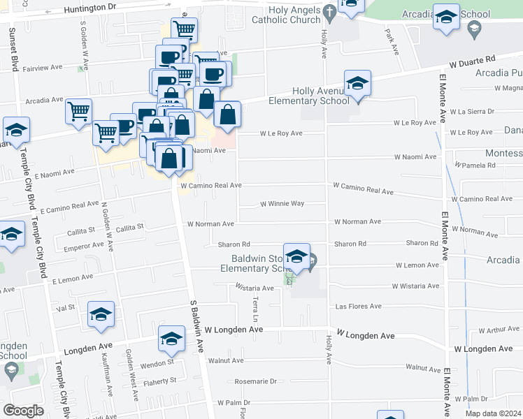 map of restaurants, bars, coffee shops, grocery stores, and more near 508 West Winnie Way in Arcadia