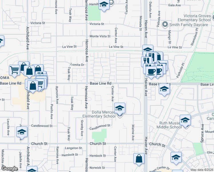 map of restaurants, bars, coffee shops, grocery stores, and more near 10262 Ironwood Court in Rancho Cucamonga