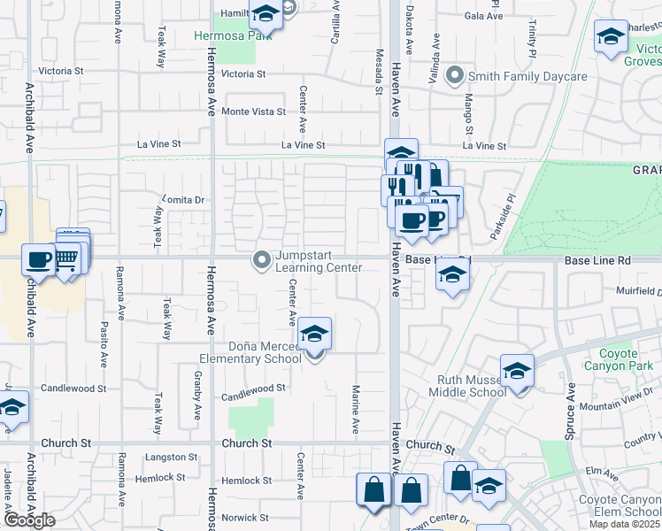 map of restaurants, bars, coffee shops, grocery stores, and more near 10364 Pepper Street in Rancho Cucamonga