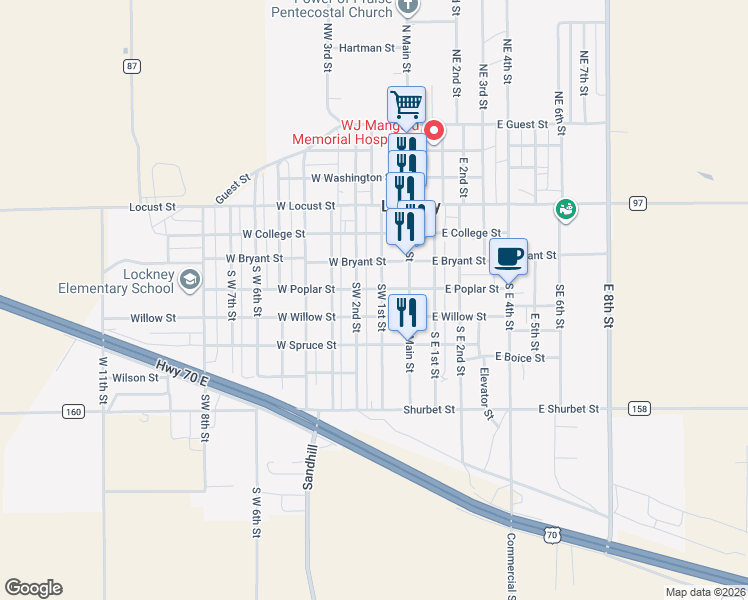 map of restaurants, bars, coffee shops, grocery stores, and more near 201-215 West Willow Street in Lockney