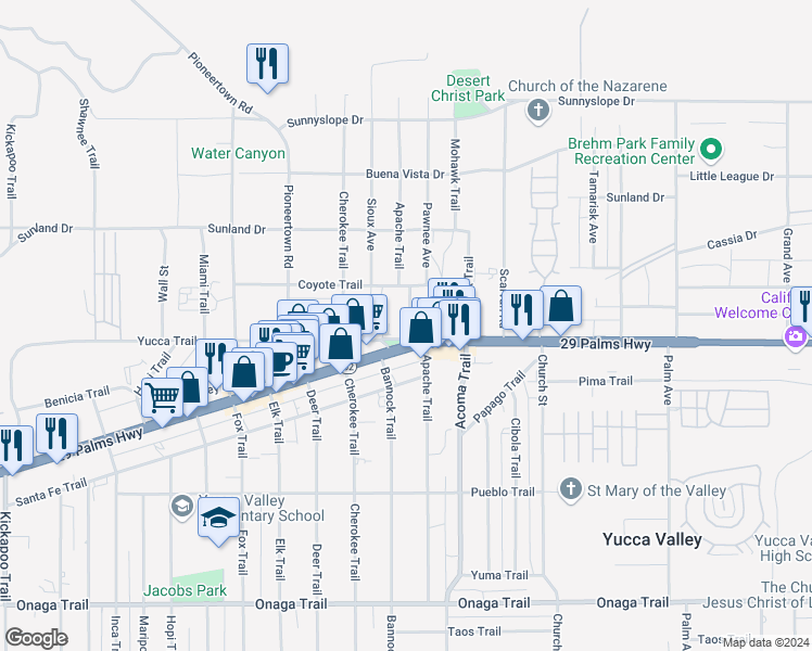 map of restaurants, bars, coffee shops, grocery stores, and more near in Yucca Valley