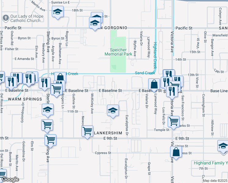 map of restaurants, bars, coffee shops, grocery stores, and more near 26152 Perry Way in Highland