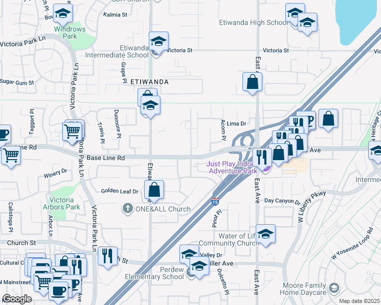 map of restaurants, bars, coffee shops, grocery stores, and more near 7308 Shelby Place in Rancho Cucamonga
