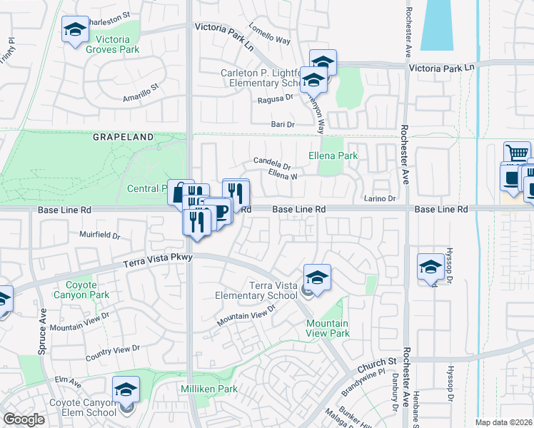 map of restaurants, bars, coffee shops, grocery stores, and more near 7352 Stonehaven Place in Rancho Cucamonga