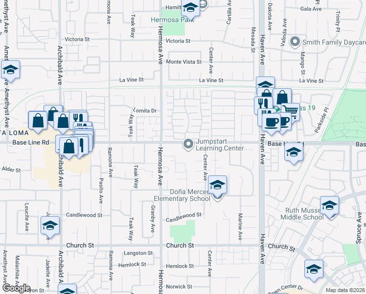 map of restaurants, bars, coffee shops, grocery stores, and more near 10213 Base Line Road in Rancho Cucamonga