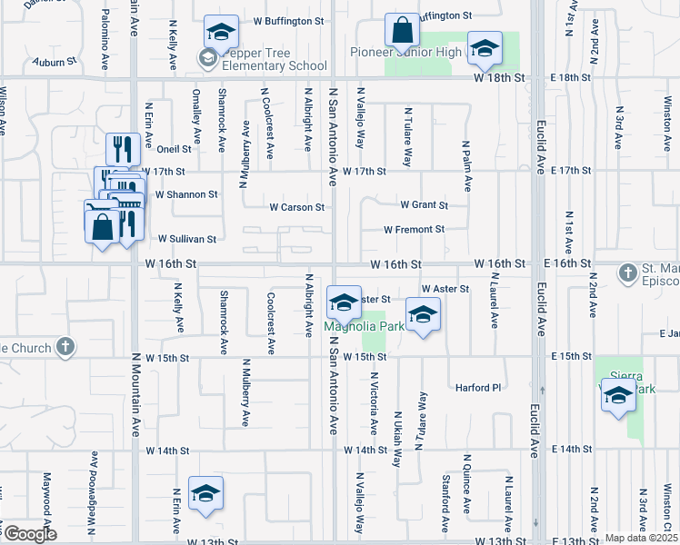 map of restaurants, bars, coffee shops, grocery stores, and more near 1575 Violet Way in Upland