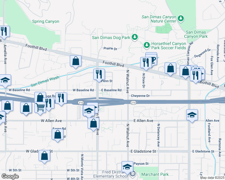 map of restaurants, bars, coffee shops, grocery stores, and more near 110 East Baseline Road in San Dimas