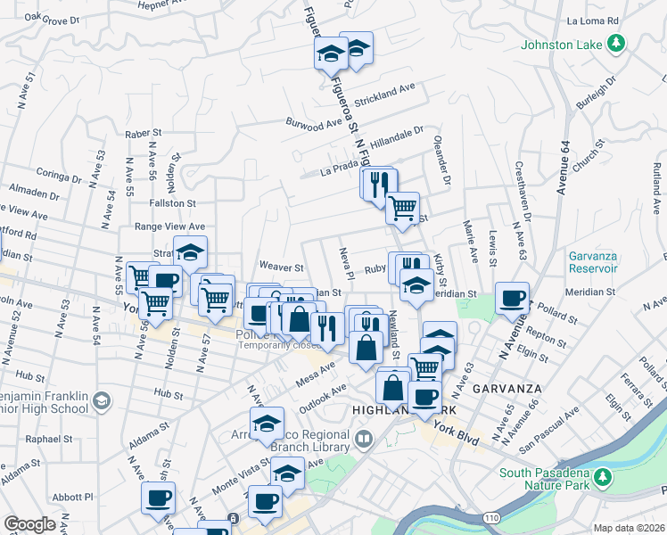 map of restaurants, bars, coffee shops, grocery stores, and more near 6021 Meridian Street in Los Angeles