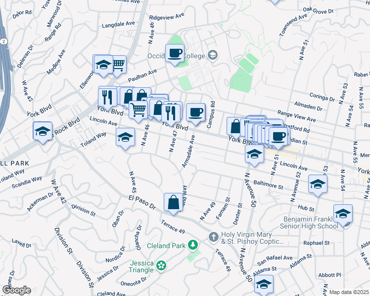 map of restaurants, bars, coffee shops, grocery stores, and more near 1414 North Avenue 47 in Los Angeles
