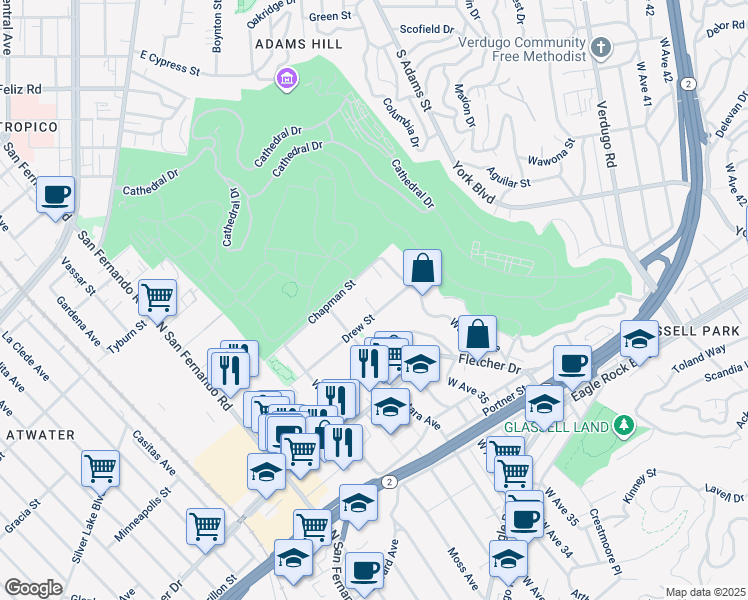map of restaurants, bars, coffee shops, grocery stores, and more near 3336 Drew Street in Los Angeles