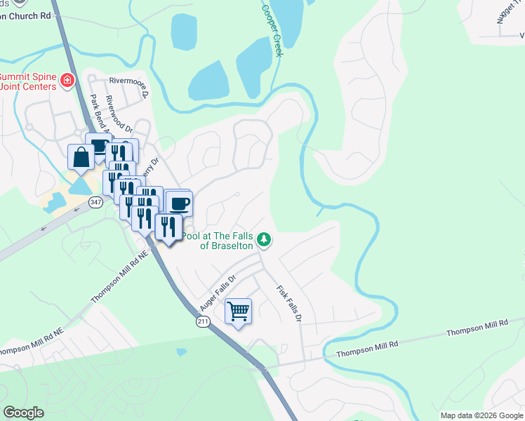 map of restaurants, bars, coffee shops, grocery stores, and more near 1711 Ammons Falls Court in Braselton