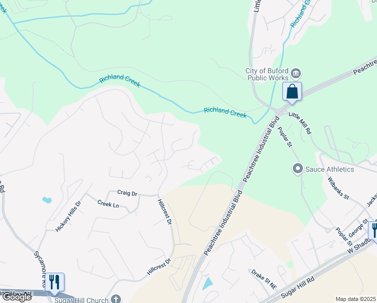 map of restaurants, bars, coffee shops, grocery stores, and more near 1647 Shire Village Drive in Sugar Hill