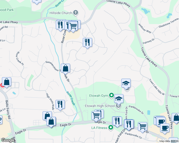 map of restaurants, bars, coffee shops, grocery stores, and more near 601 Stillwood Drive in Woodstock