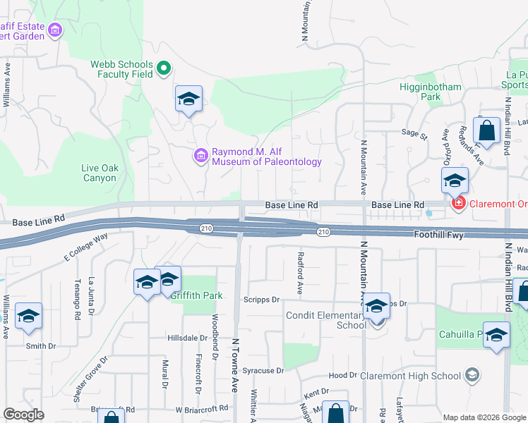 map of restaurants, bars, coffee shops, grocery stores, and more near 1150 Newberry Lane in Claremont