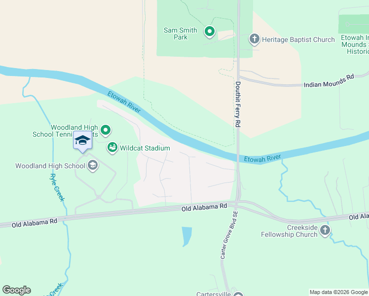 map of restaurants, bars, coffee shops, grocery stores, and more near 33 Riverview Court Southeast in Cartersville