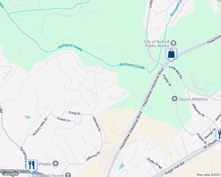 map of restaurants, bars, coffee shops, grocery stores, and more near 1647 Shire Village Drive in Sugar Hill