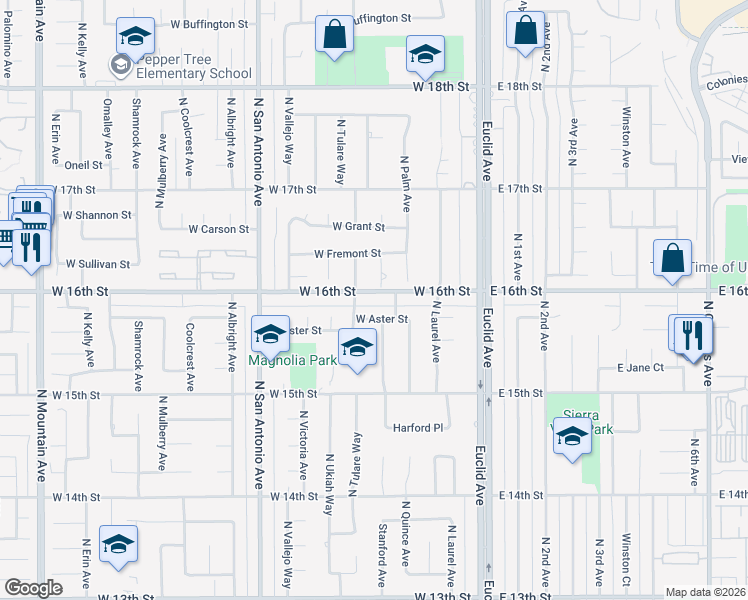map of restaurants, bars, coffee shops, grocery stores, and more near 386 West 16th Street in Upland