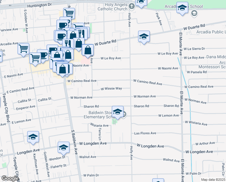 map of restaurants, bars, coffee shops, grocery stores, and more near 452 West Winnie Way in Arcadia
