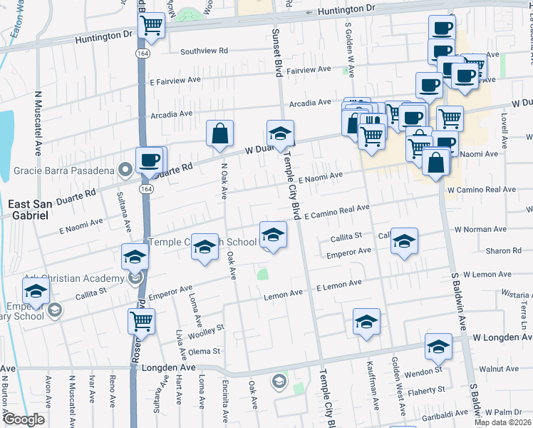 map of restaurants, bars, coffee shops, grocery stores, and more near 9517 East Camino Real Avenue in Arcadia
