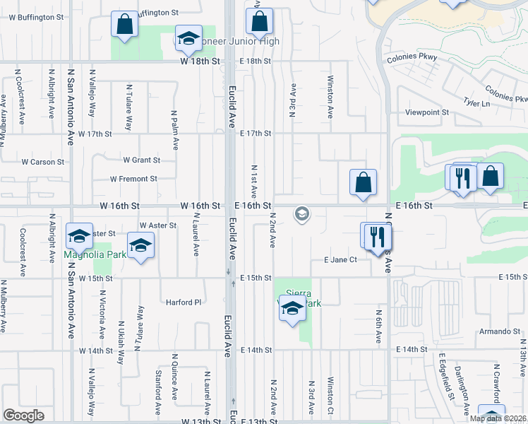 map of restaurants, bars, coffee shops, grocery stores, and more near 154 East 16th Street in Upland