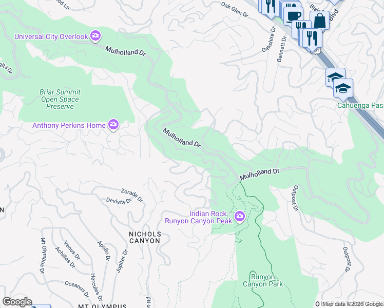 map of restaurants, bars, coffee shops, grocery stores, and more near 2753 La Cuesta Drive in Los Angeles