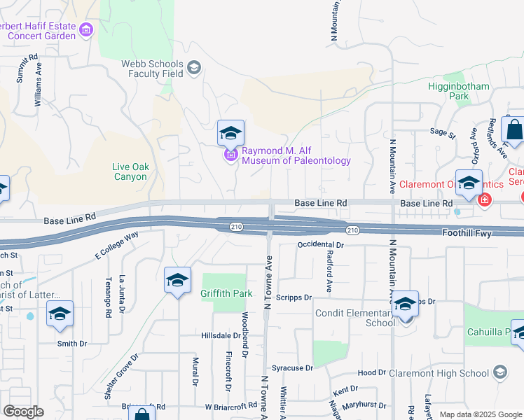 map of restaurants, bars, coffee shops, grocery stores, and more near 2053 North Towne Avenue in Claremont